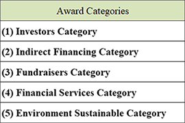 Award Categories : (1) Investors Category, (2) Indirect Financing Category, (3) Fundraisers Category, (4) Financial Services Category, (5) Environment Sustanable Category